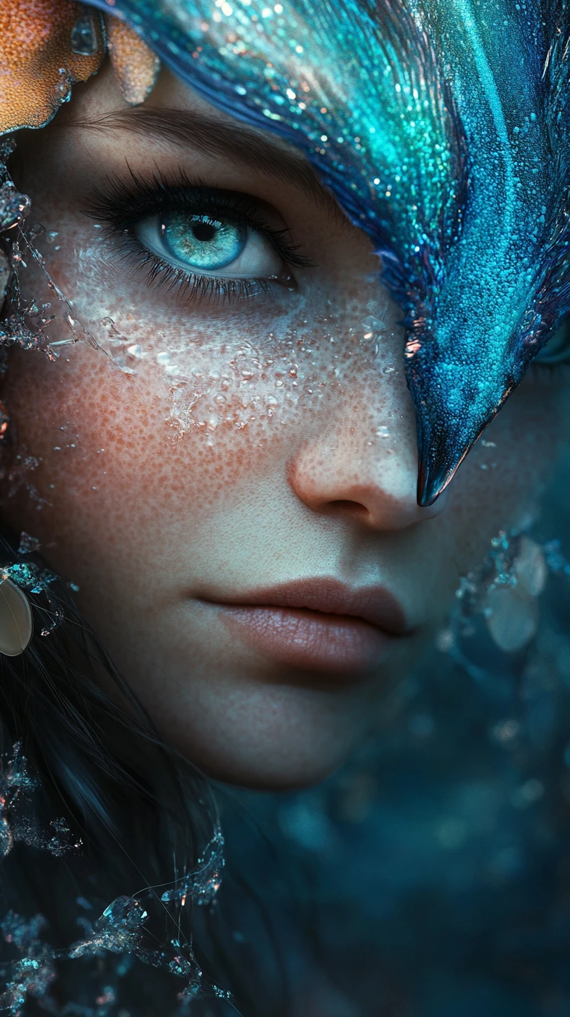 Ethereal aquatic fairy with shimmering teal blue skin