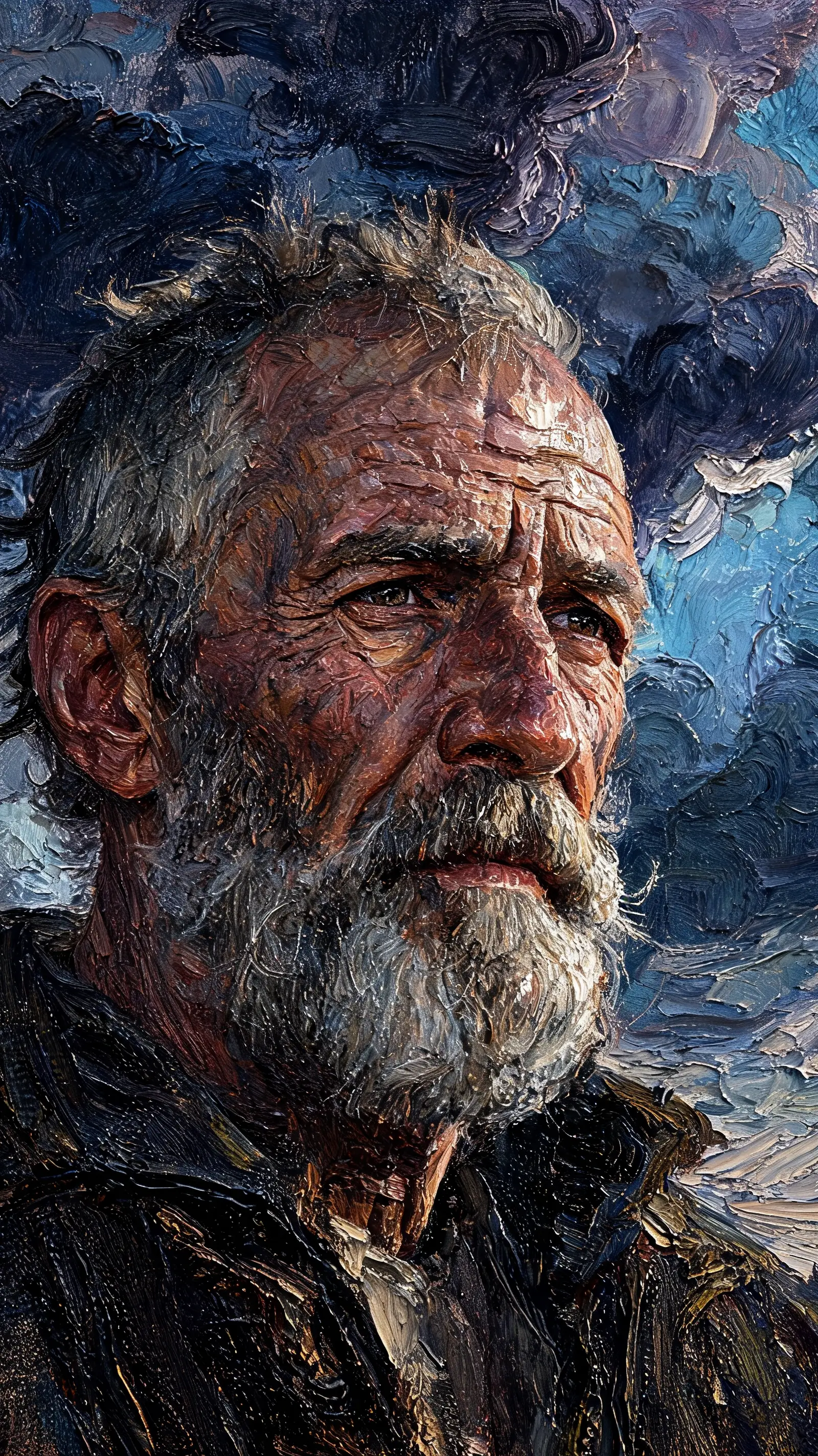Weathered fisherman portrait with dramatic impasto and chiaroscuro