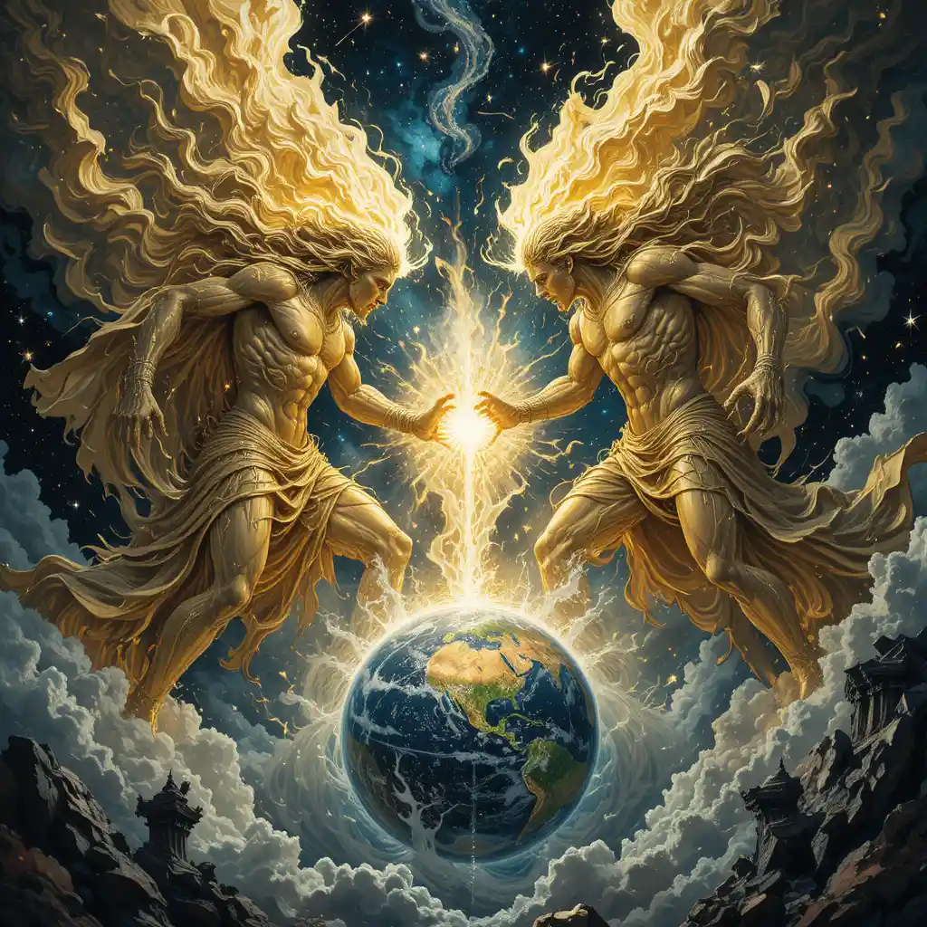 Colossal Greek gods battling in storms above the Earth