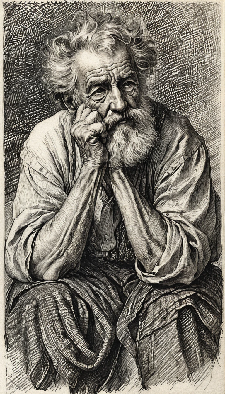 Engraved portrait of a thoughtful old man with intense gaze