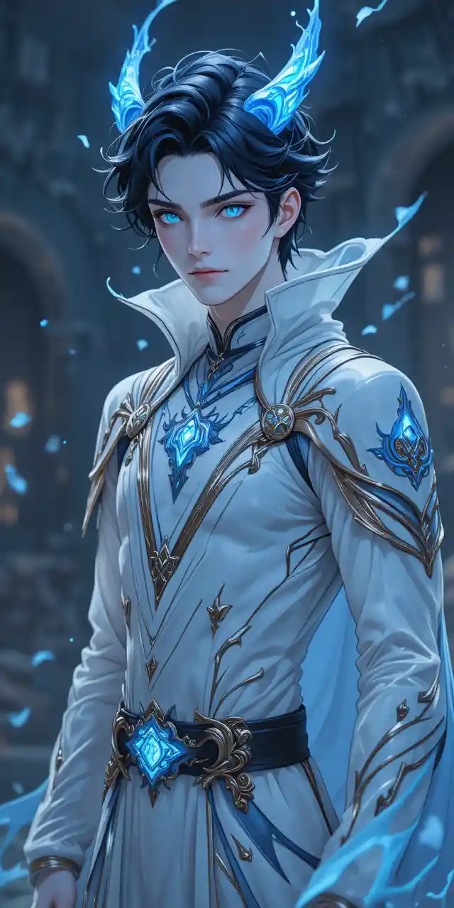 Fantasy man with glowing blue horns and flowing robes