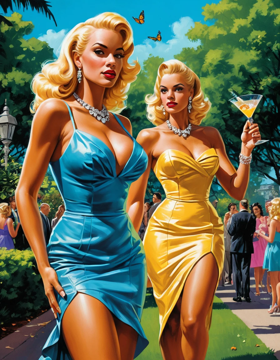 Glamorous blonde woman in a neon fantasy garden