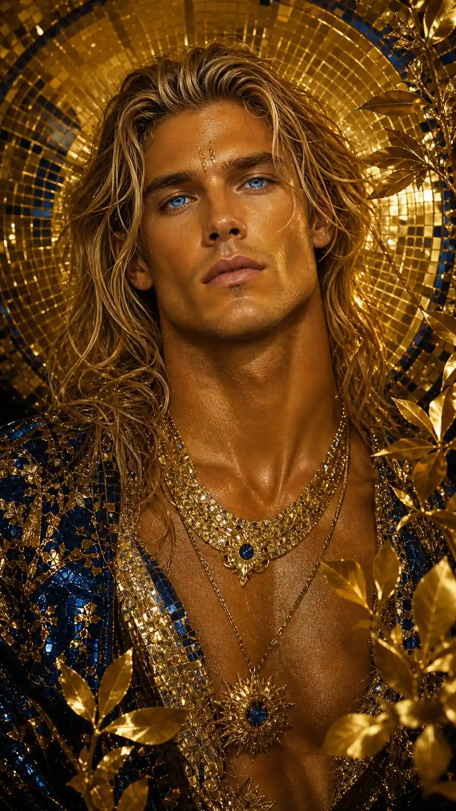 Glamouröses blondes männliches Bust-Porträt mit goldenem Schimmer