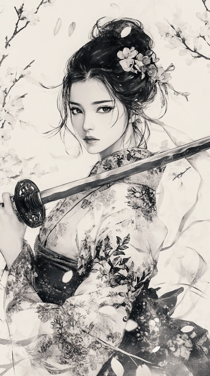Female samurai in kimono with katana amid cherry blossoms
