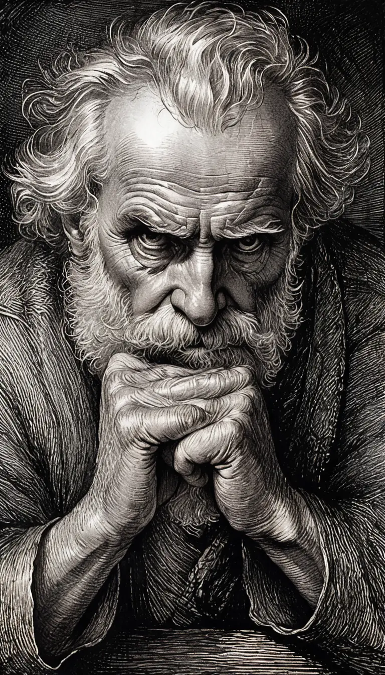 Engraved portrait of a thoughtful old man in deep reflection