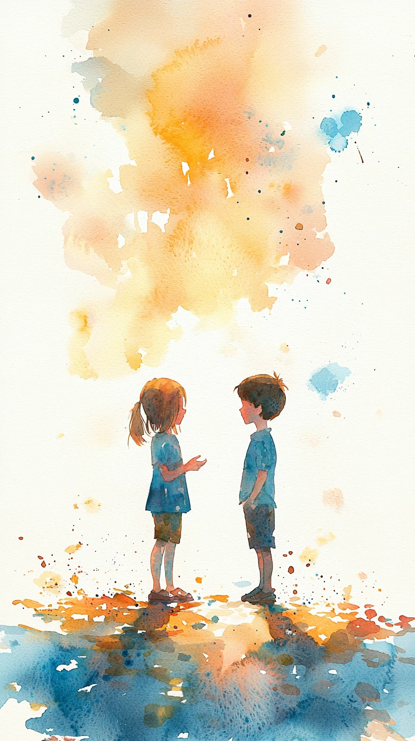 Two children talking in a soft watercolor illustration