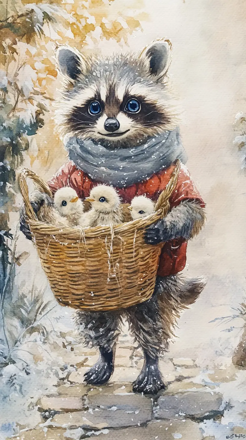 Watercolor raccoon carrying chicks in a basket on snowy cobblestones