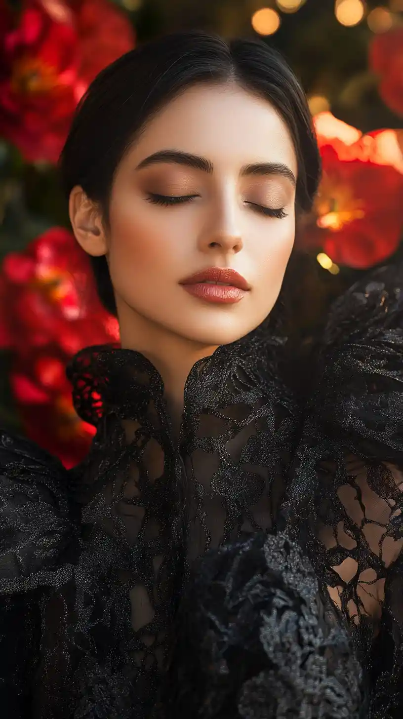 Brazilian woman in black couture coat with closed eyes