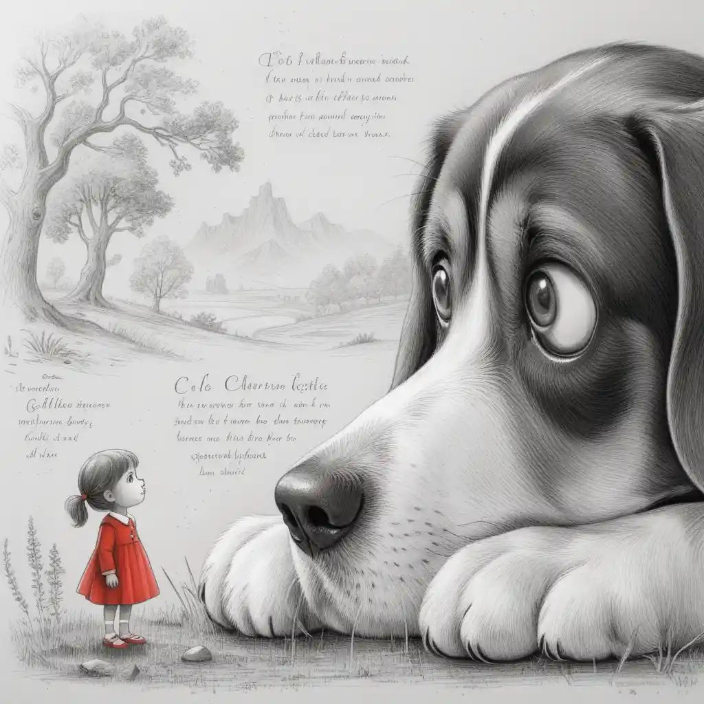 Beagle gigante di fronte a una piccola ragazza curiosa in una scena stilizzata