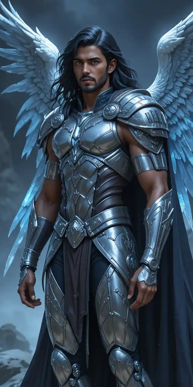 Winged anime warrior prince in silver runic armor
