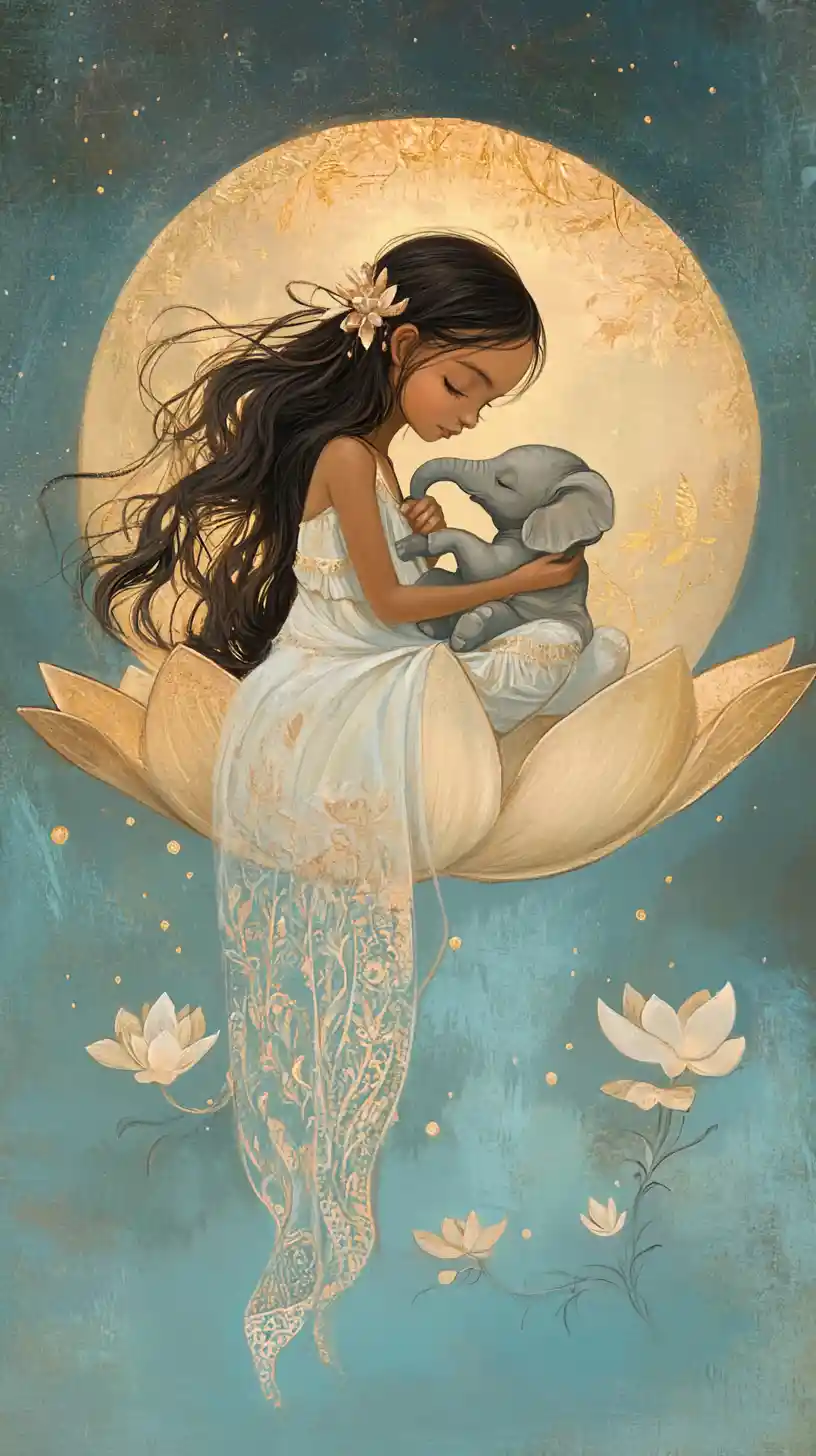 Child Holding Baby Elephant On Floating Lotus World