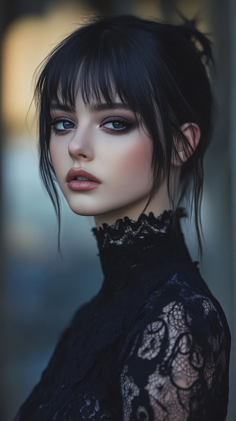 Moody portrait of a woman in black lace choker