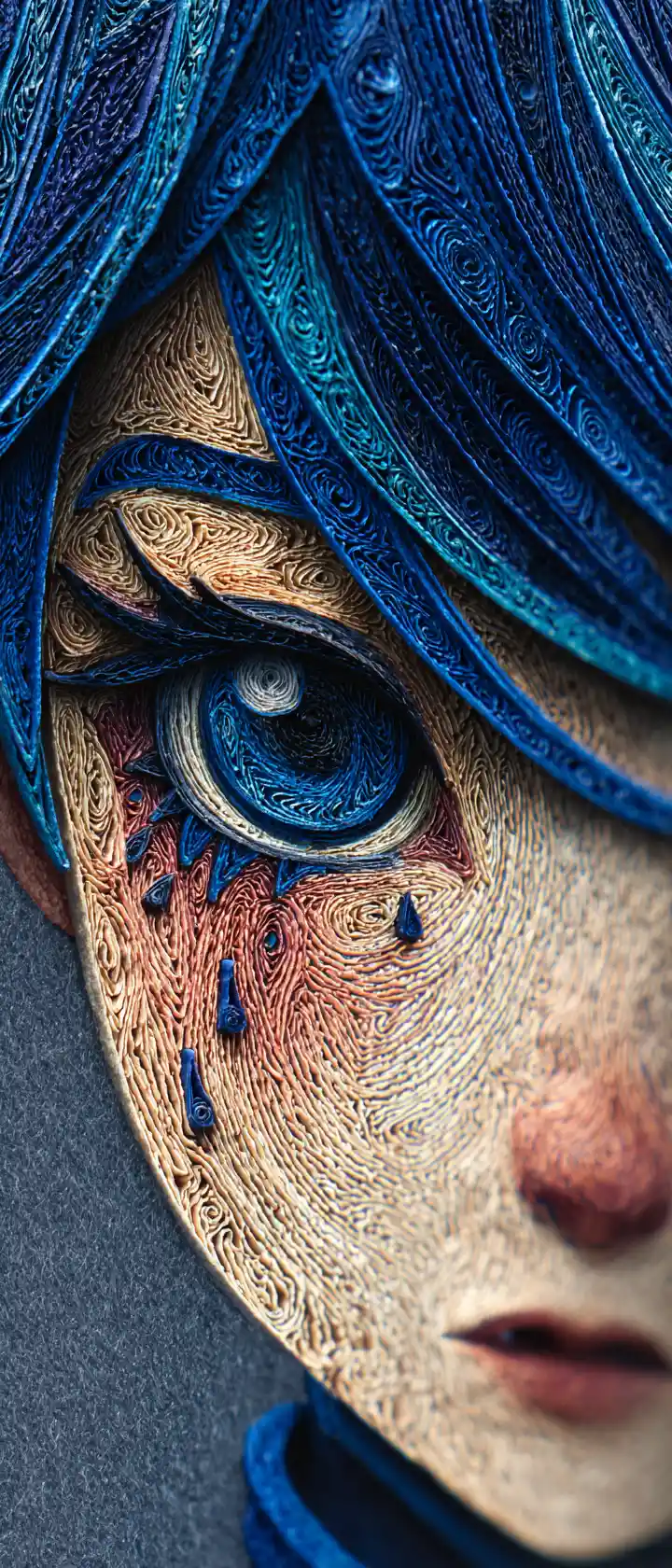 Crying anime boy in intricate 3D paper quilling portrait
