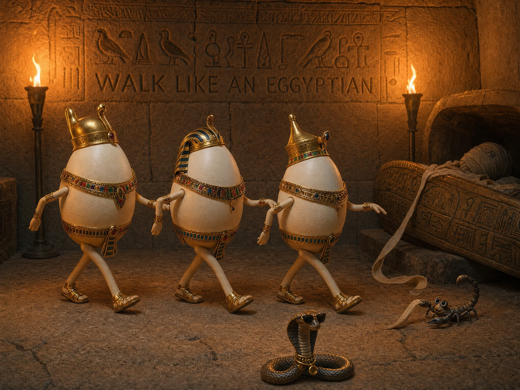 Anthropomorphic eggs walking in an ancient egyptian chamber