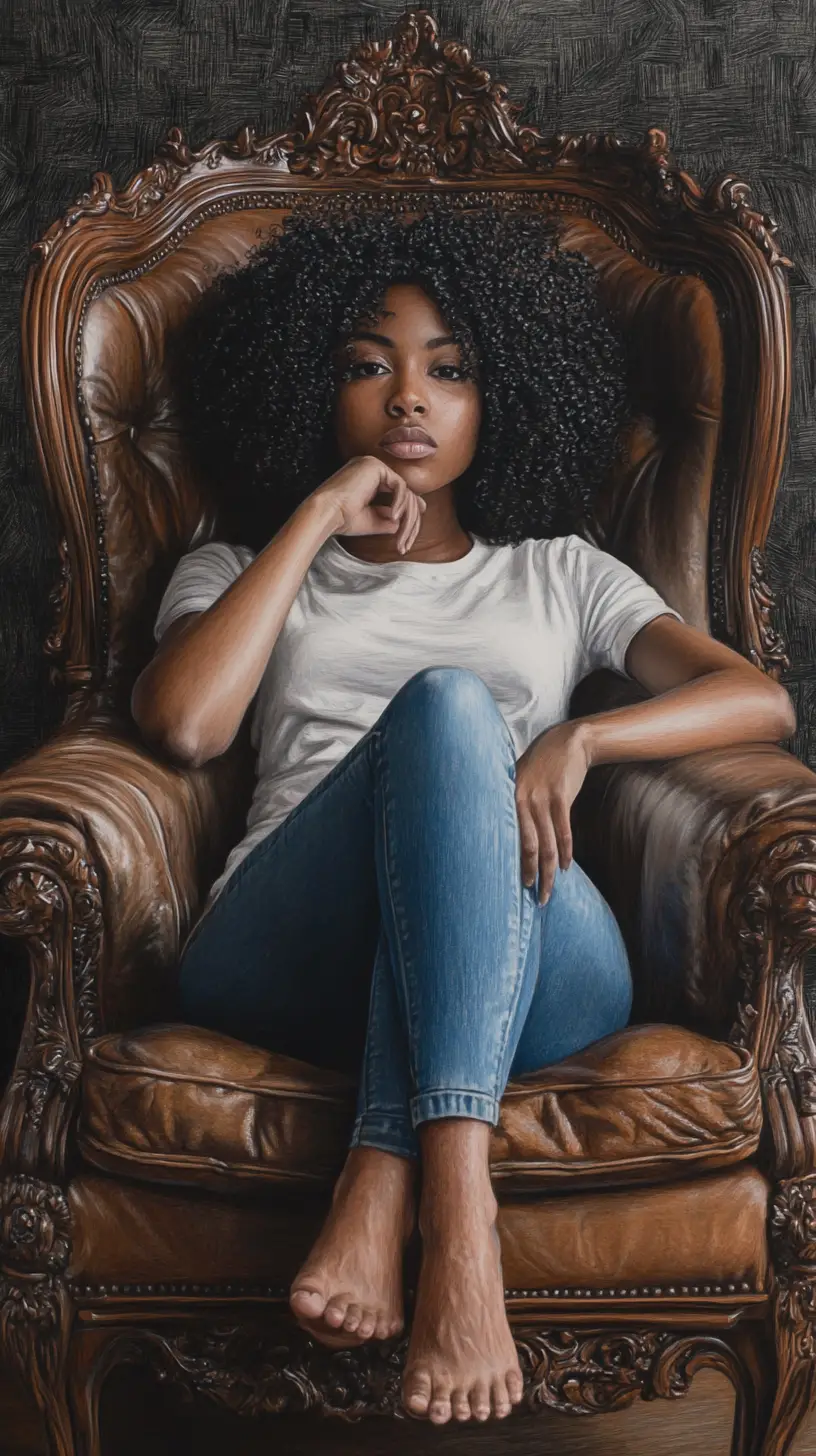 Pensive young woman reclining barefoot in an antique armchair