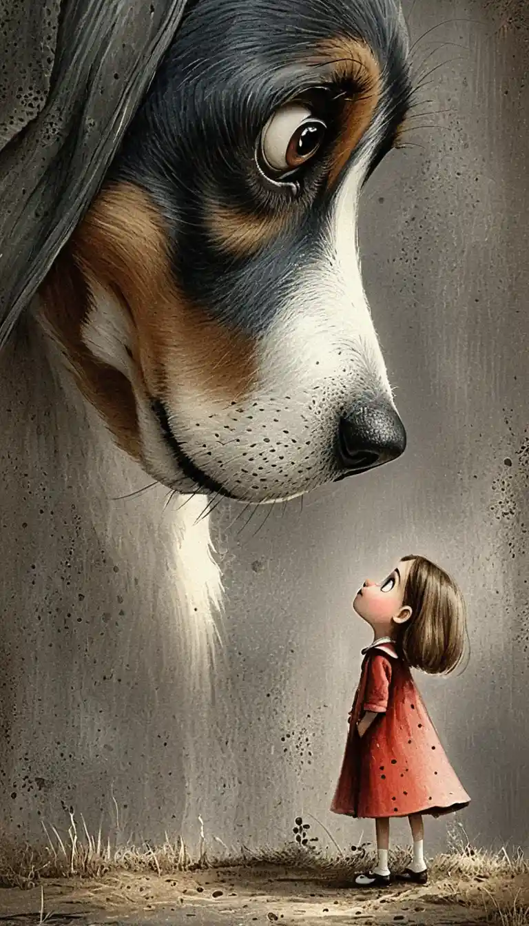 Giant beagle facing a tiny girl in dramatic digital art