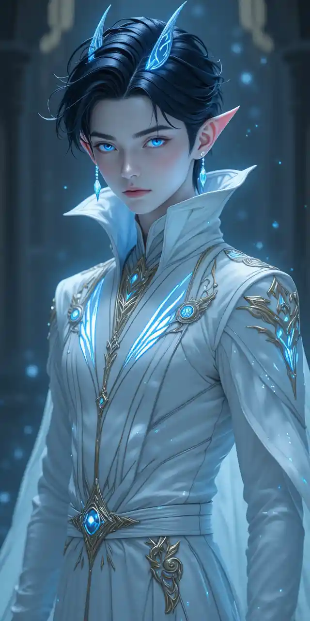 Blue horned anime man with glowing eliatrope markings
