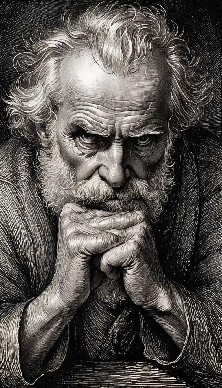 Engraved portrait of a thoughtful old man in deep reflection