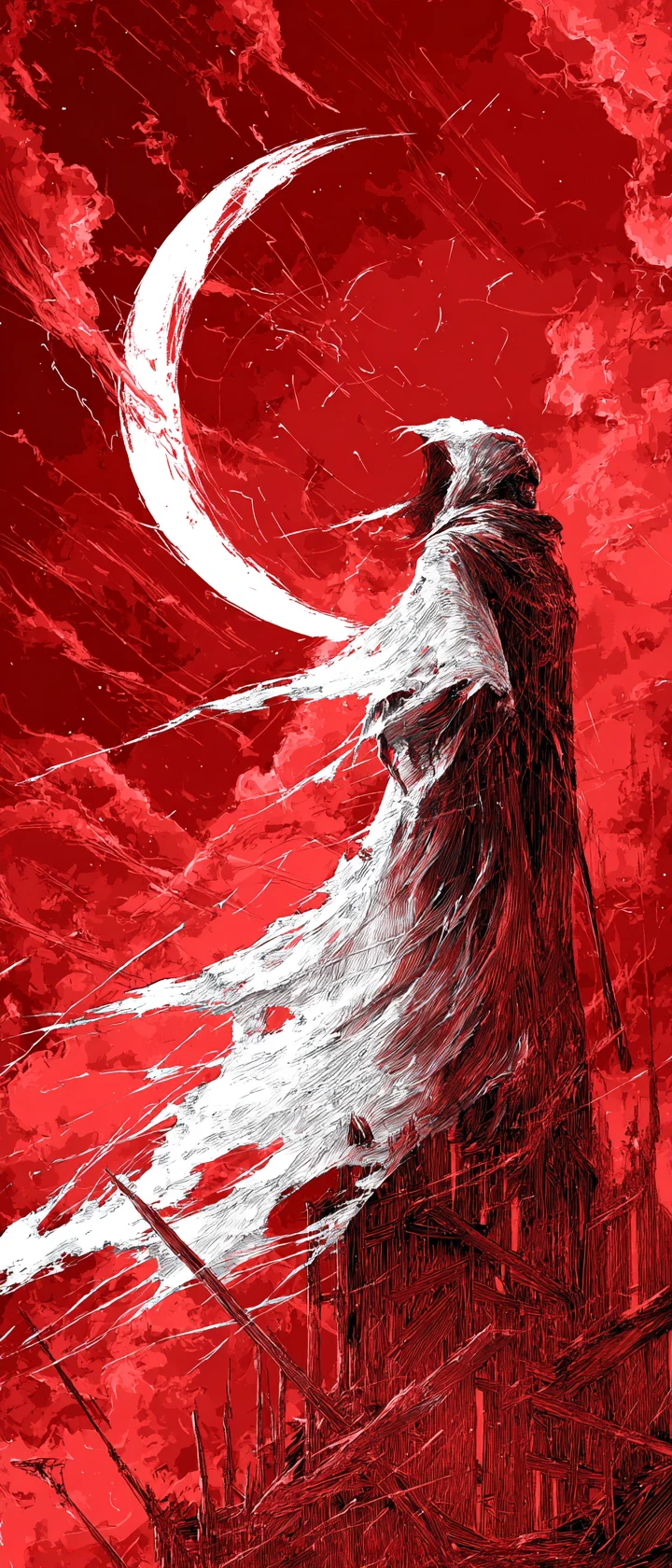 Grim reaper on a moonlit battlefield in white paint