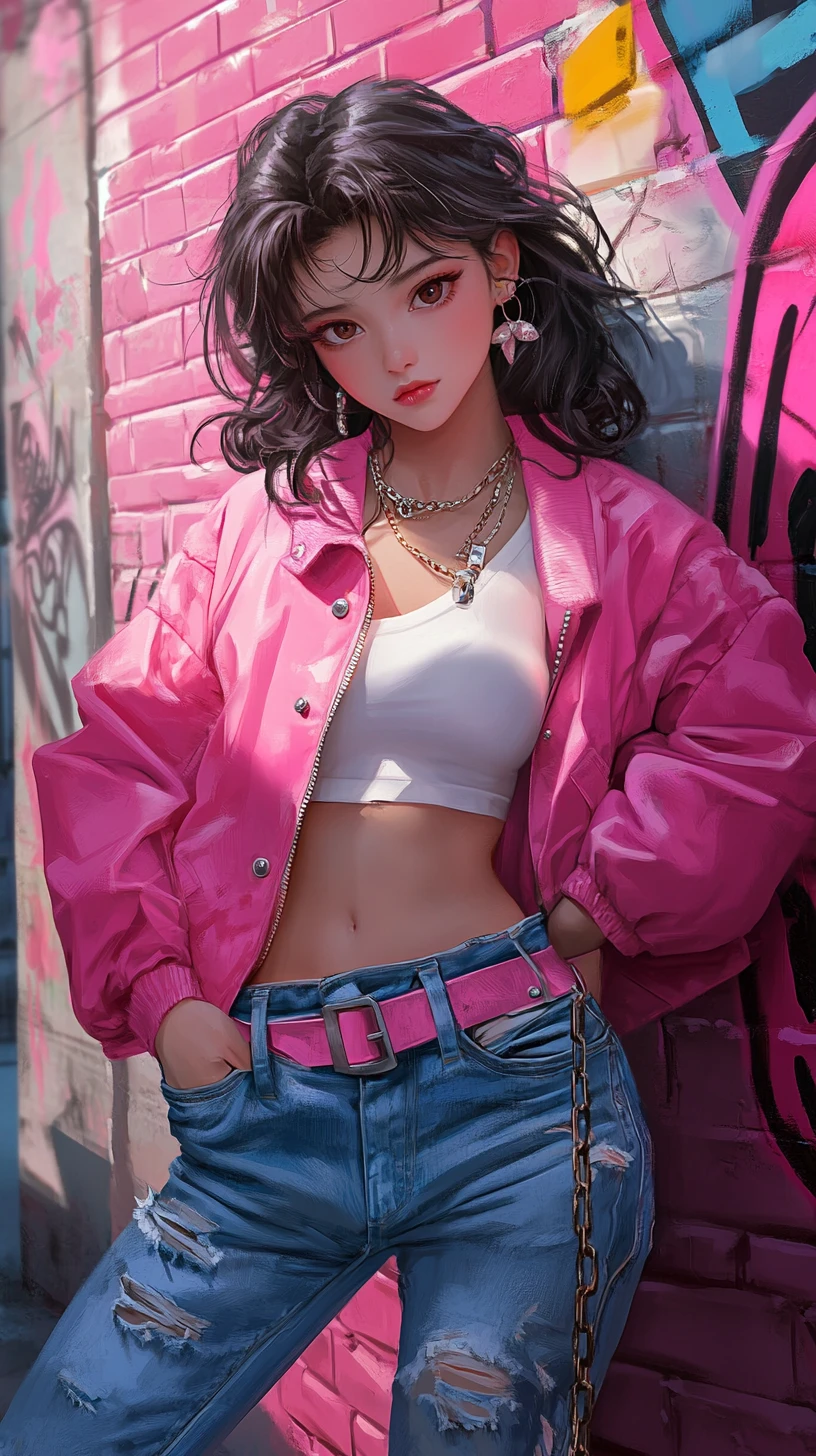 Anime street girl in pink jacket by graffiti wall