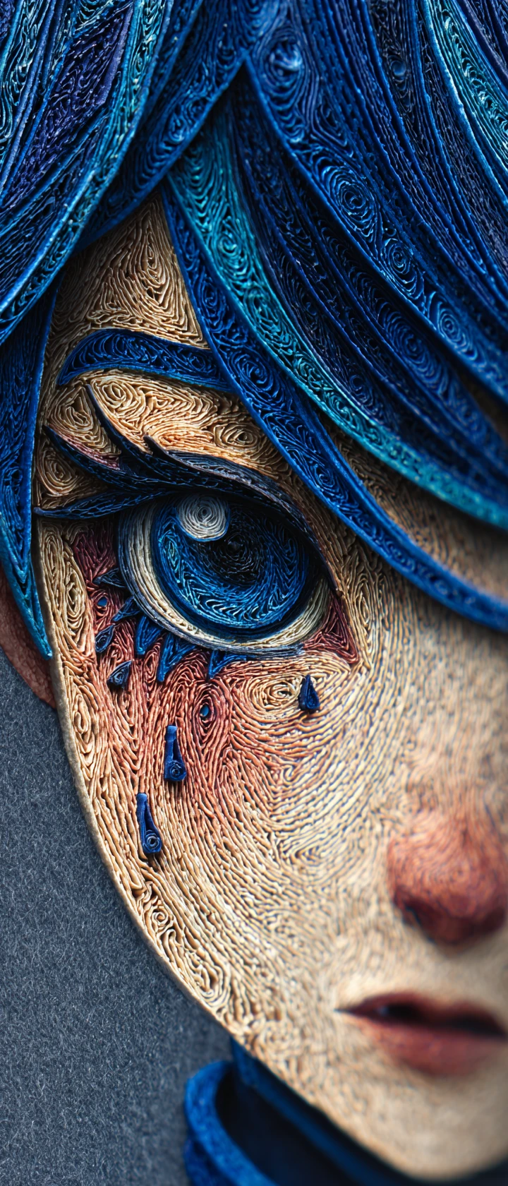 Crying anime boy in intricate 3D paper quilling portrait