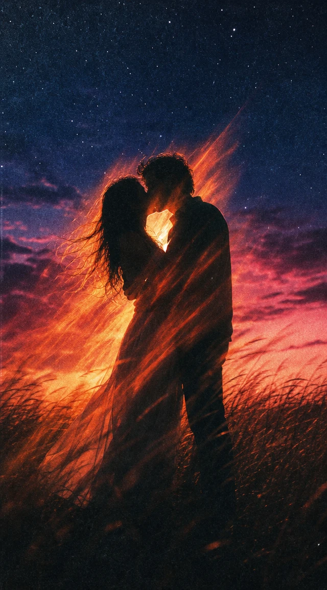 Silhouetted couple kissing in glowing twilight grass field