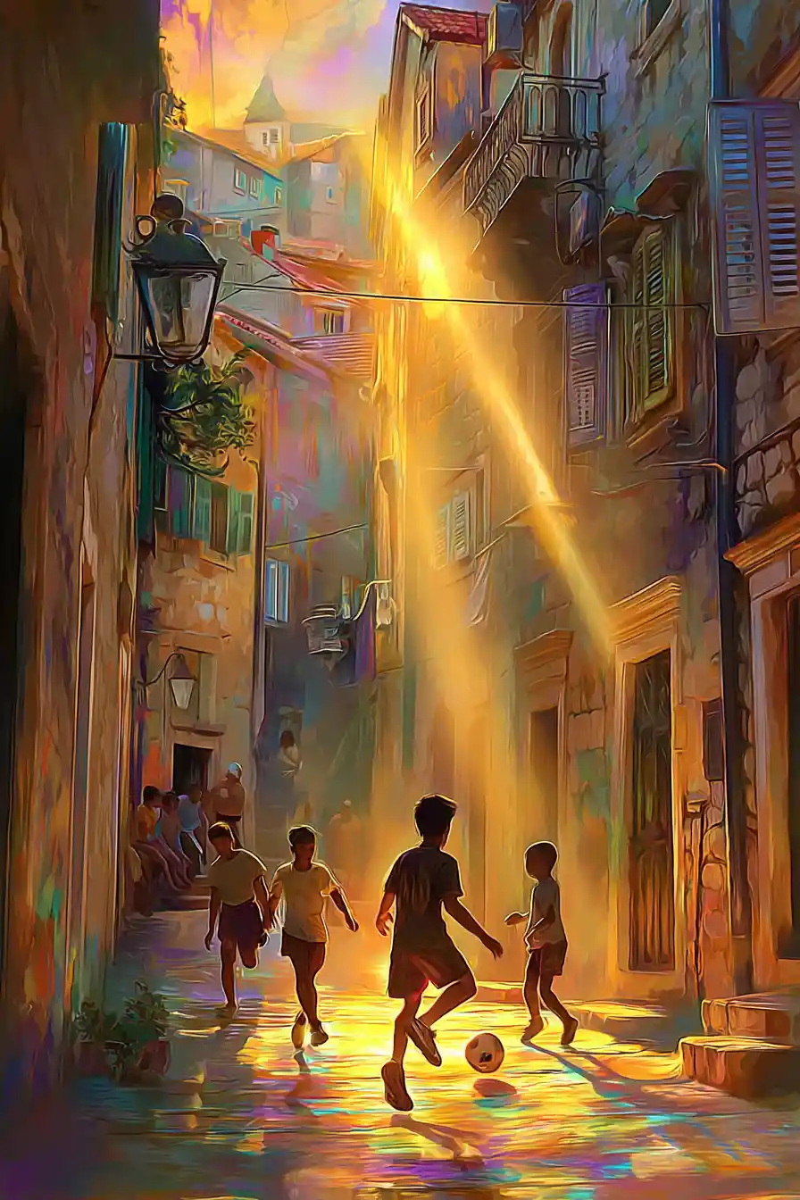 Children playing football on a quiet mediterranean town street