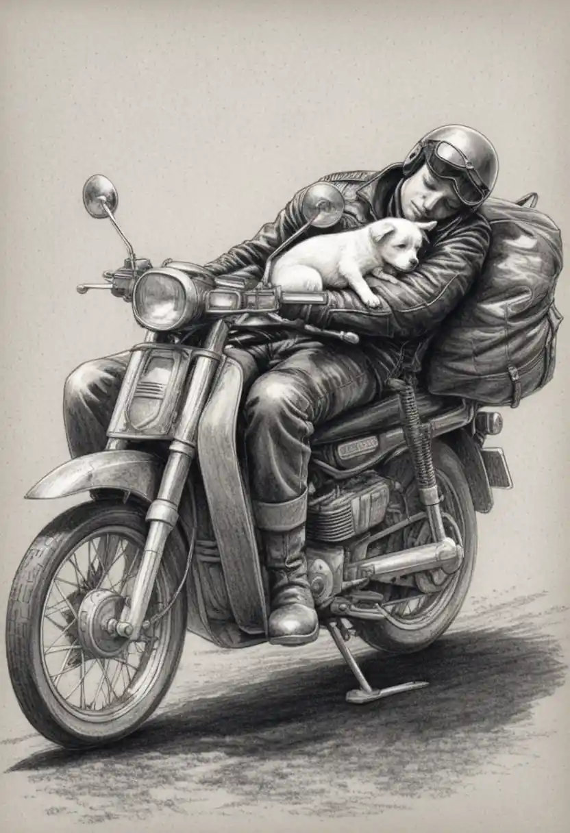 Tired motorcyclist sleeping with puppy on vintage bike