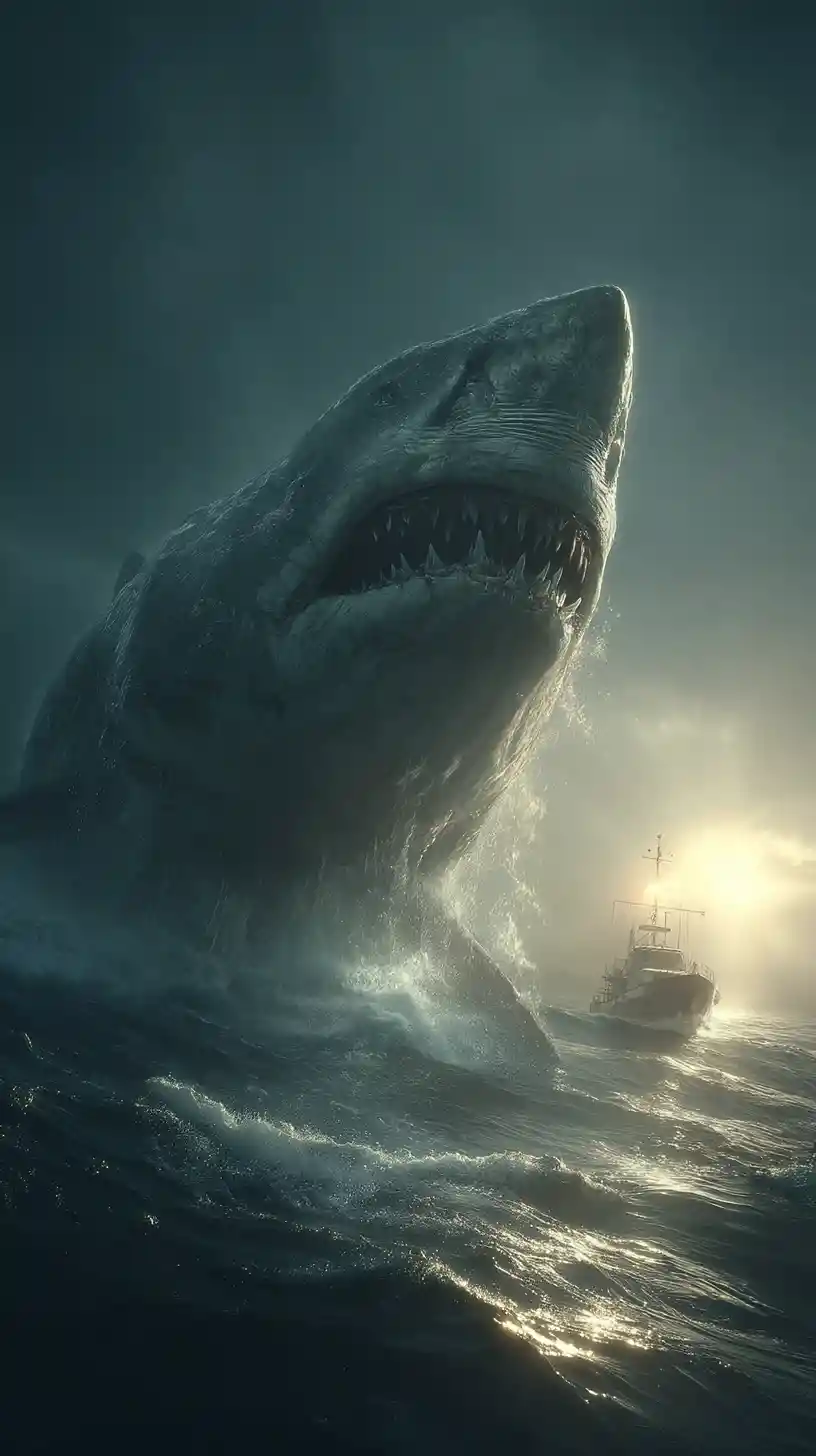 Colossal shark erupting from stormy ocean at twilight