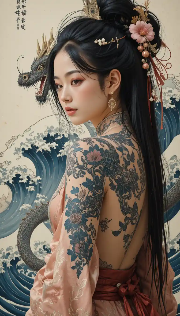 Asian woman with dragon tattoo and red rope belt