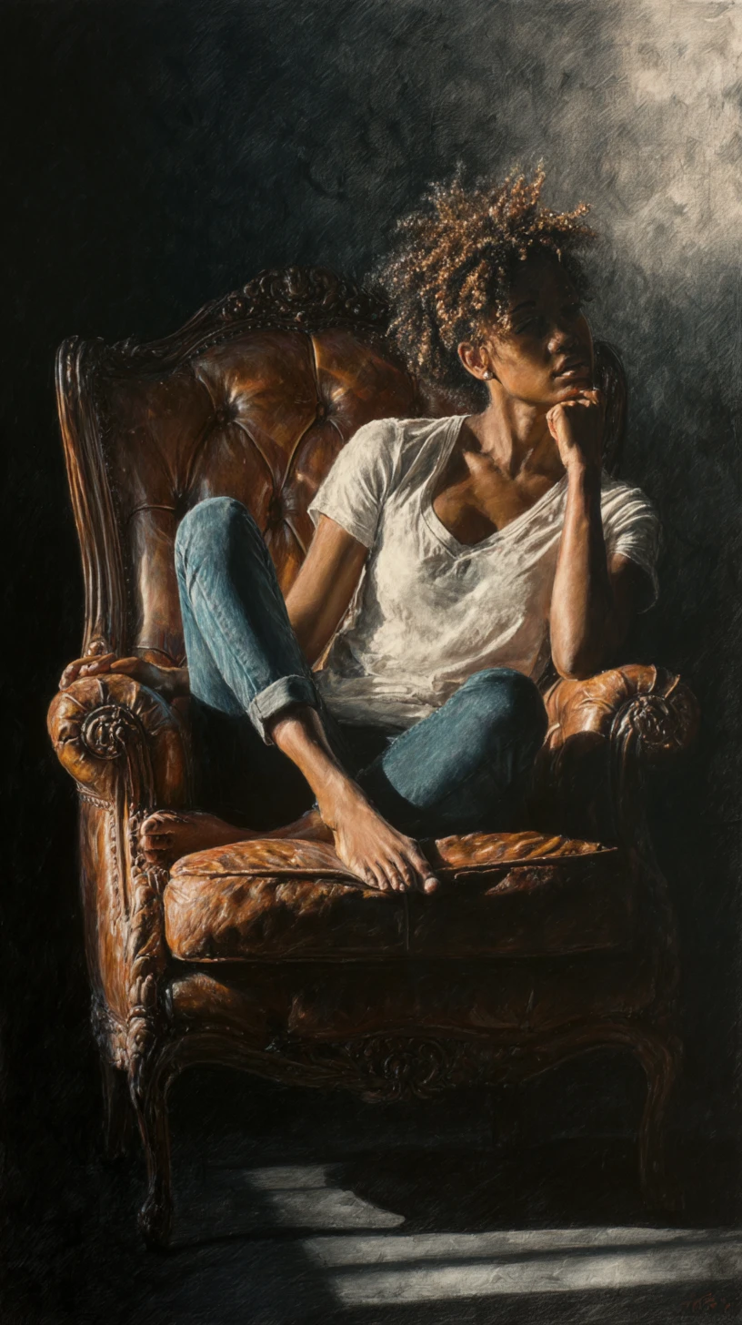 Young woman reclining in an antique leather armchair drawing