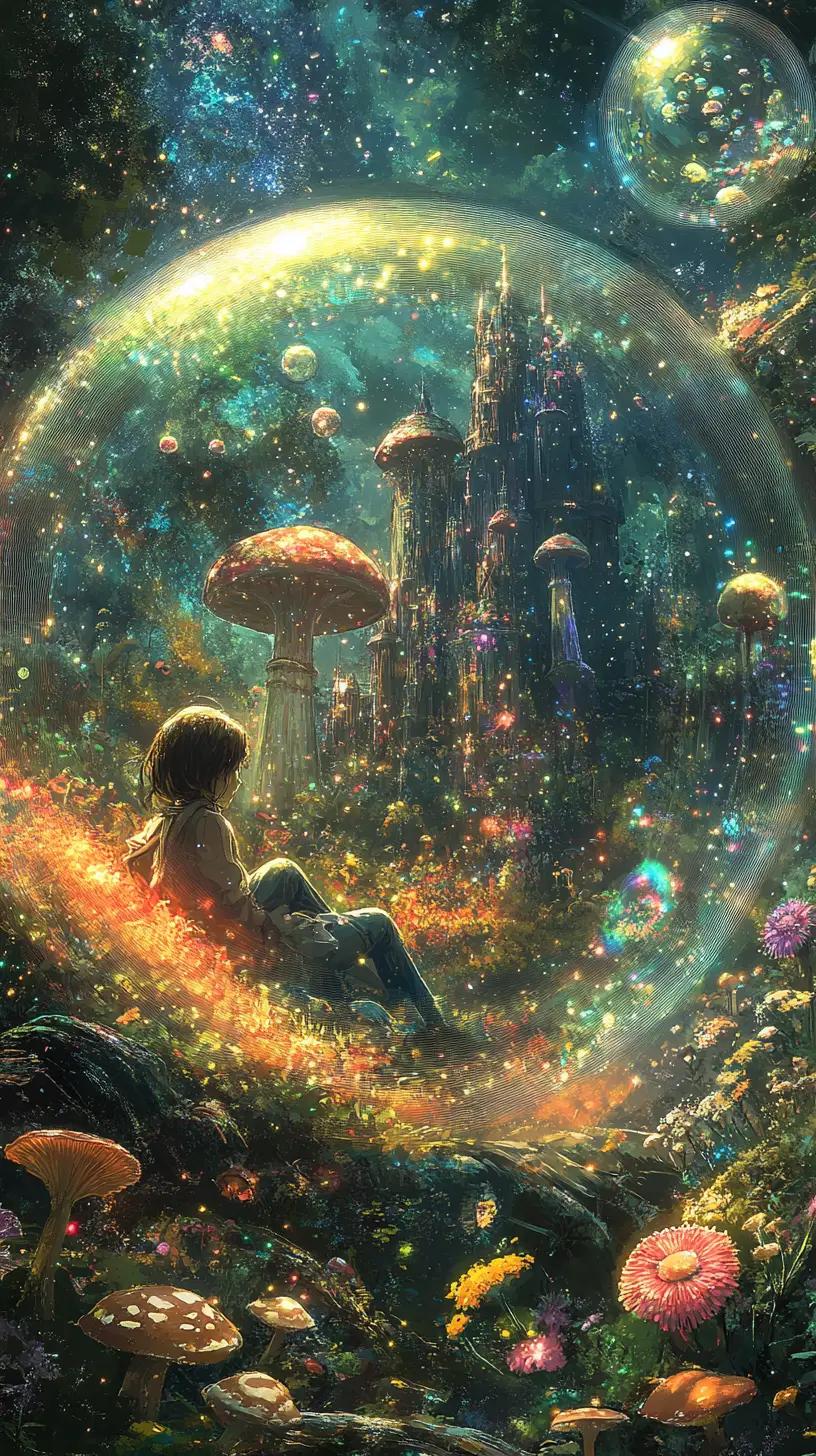 Girl and creature resting inside a luminous crystal sphere