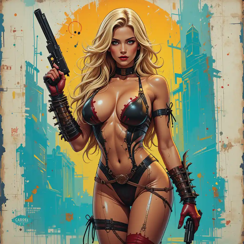 Pin-up loira de corpo inteiro e sedutora em armadura de fantasia