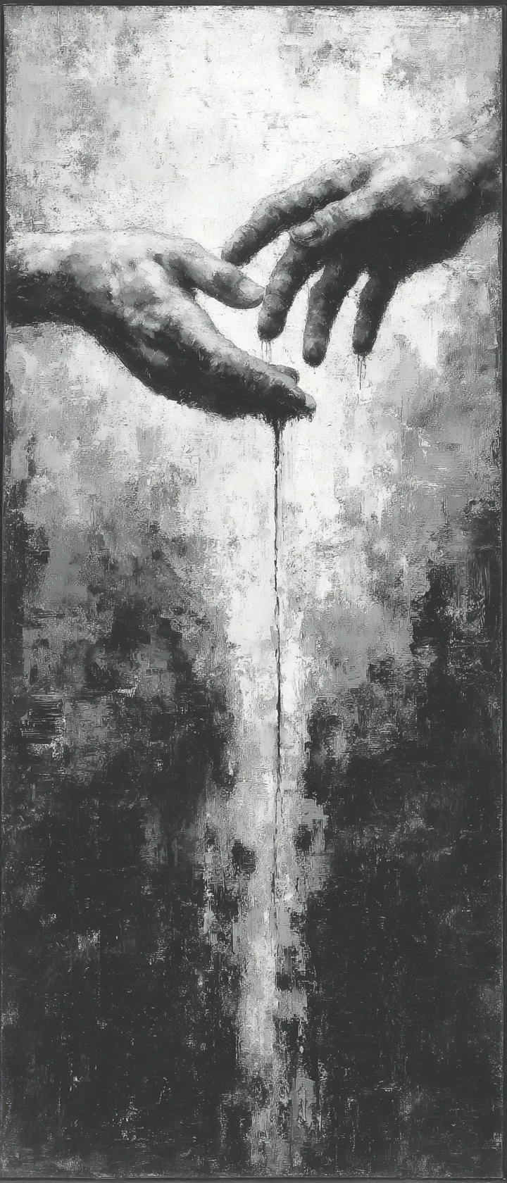 Two abstract ink hands reaching across a dark void