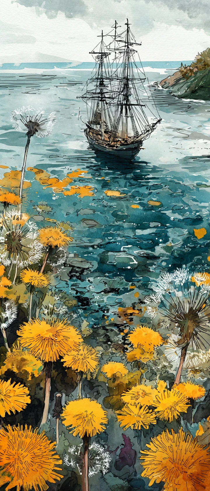 Paisaje marino en acuarela con ilustración abstracta de velero