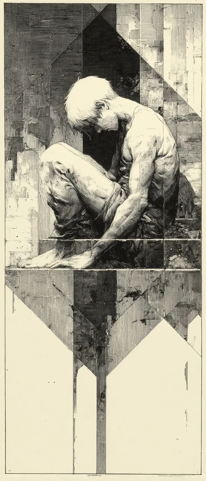 Ink painting of an anime girl in a sharp calligraphic cage