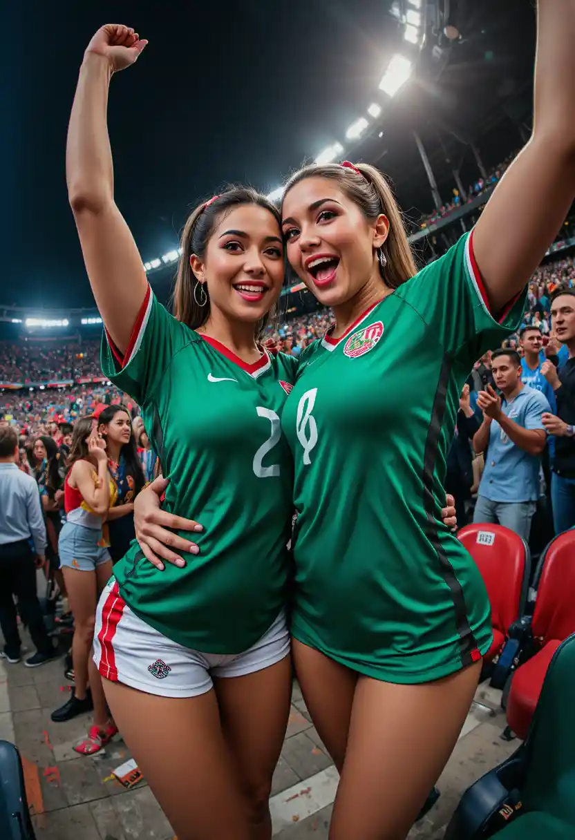 Mère et fille qui célèbrent en gros plan dans un stade en vue fisheye