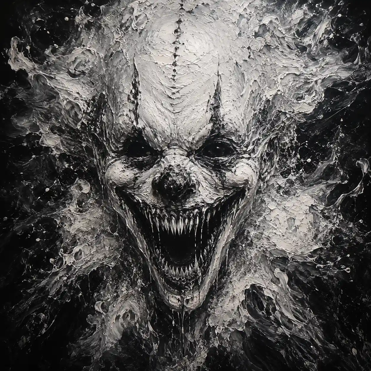 Grotesque demonic clown face on chaotic white painted canvas