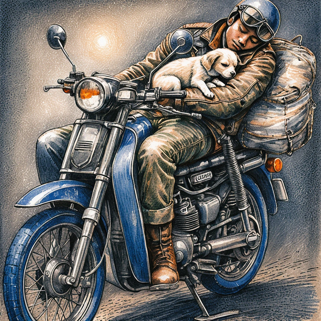 Biker stanco che dorme su moto d’epoca con un piccolo cucciolo