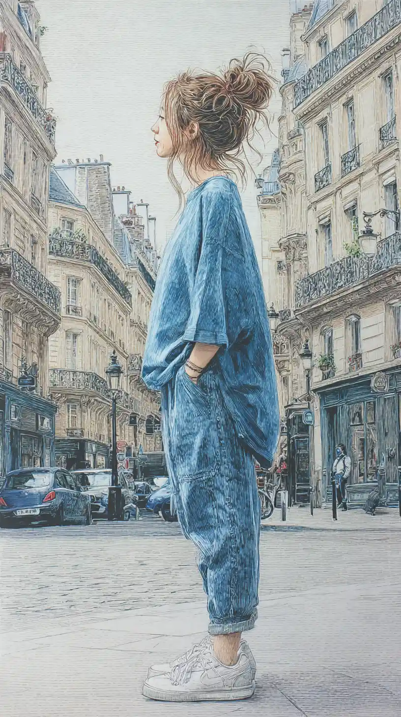 Young woman in oversized clothes on Parisian city sidewalk
