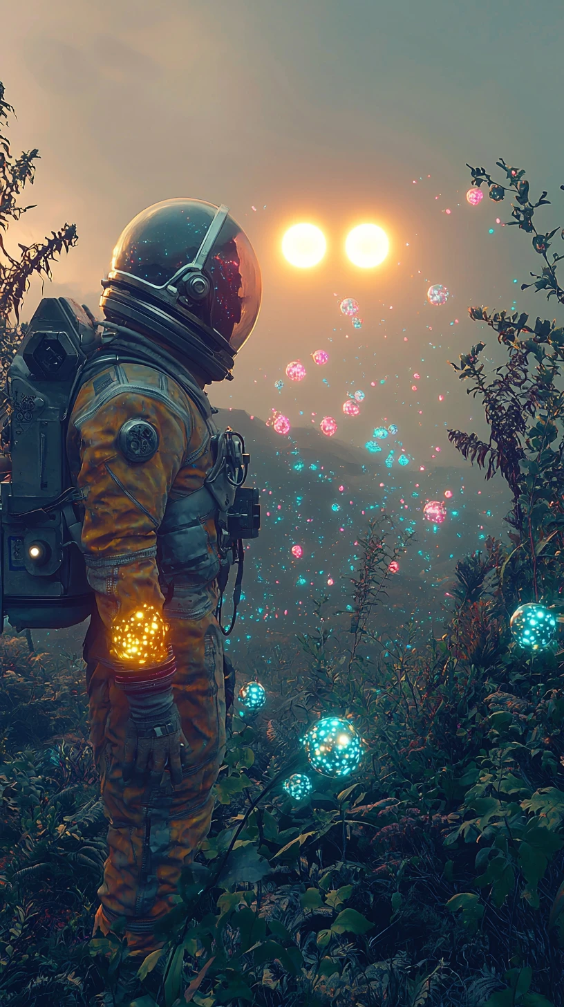 Astronaut Wandering Alone On A Luminous Alien Planet