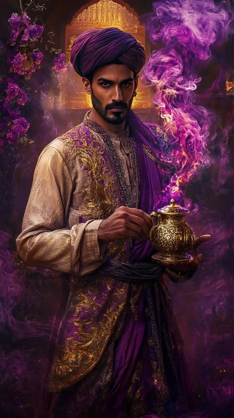 Mystical Middle Eastern man with ancient lamp and smoke