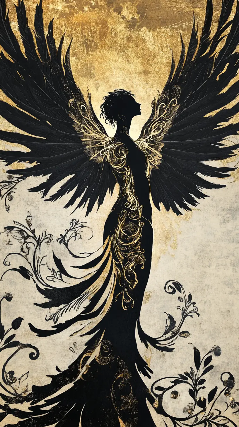 Elegant humanoid figure with vast raven wing extensions