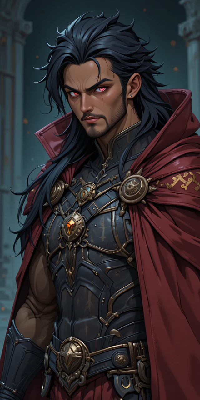 Muscular anime warrior with draconic aura in dark armor