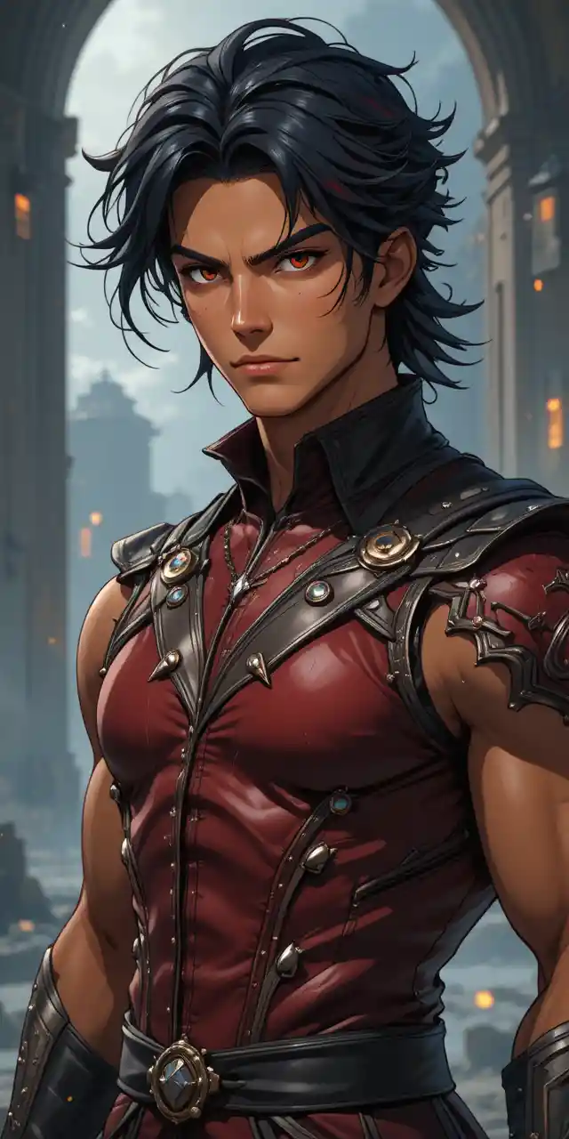 Jeune guerrier draconique aux yeux ambrés dans un style anime