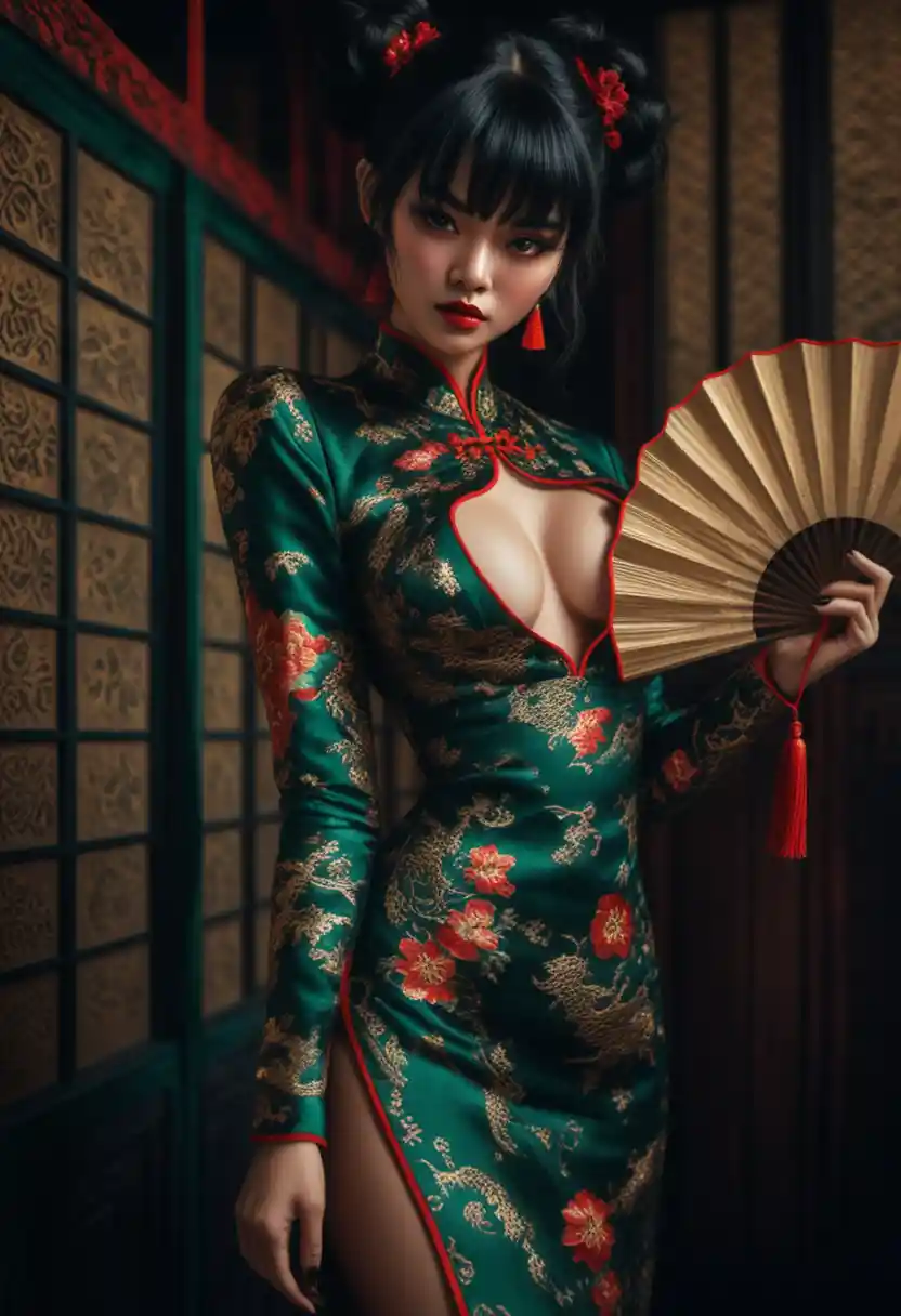 翡翠色のチャイナドレスに扇を持つダークファンタジーの女性
