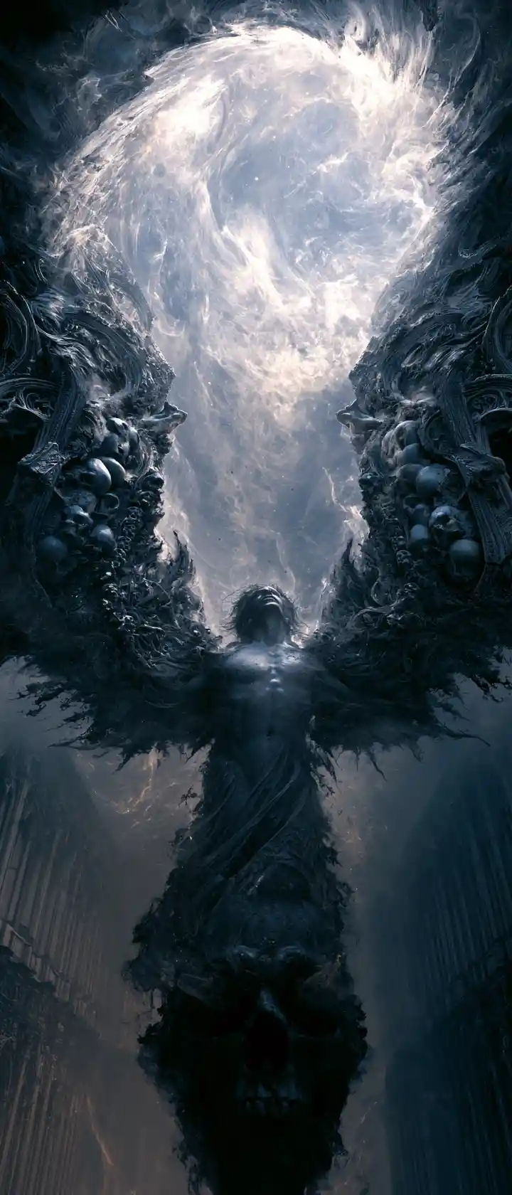 Fallen dark angel in a surreal gothic cosmic storm
