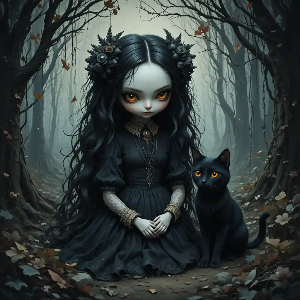 Gothic doll like girl with cat in enchanted forest