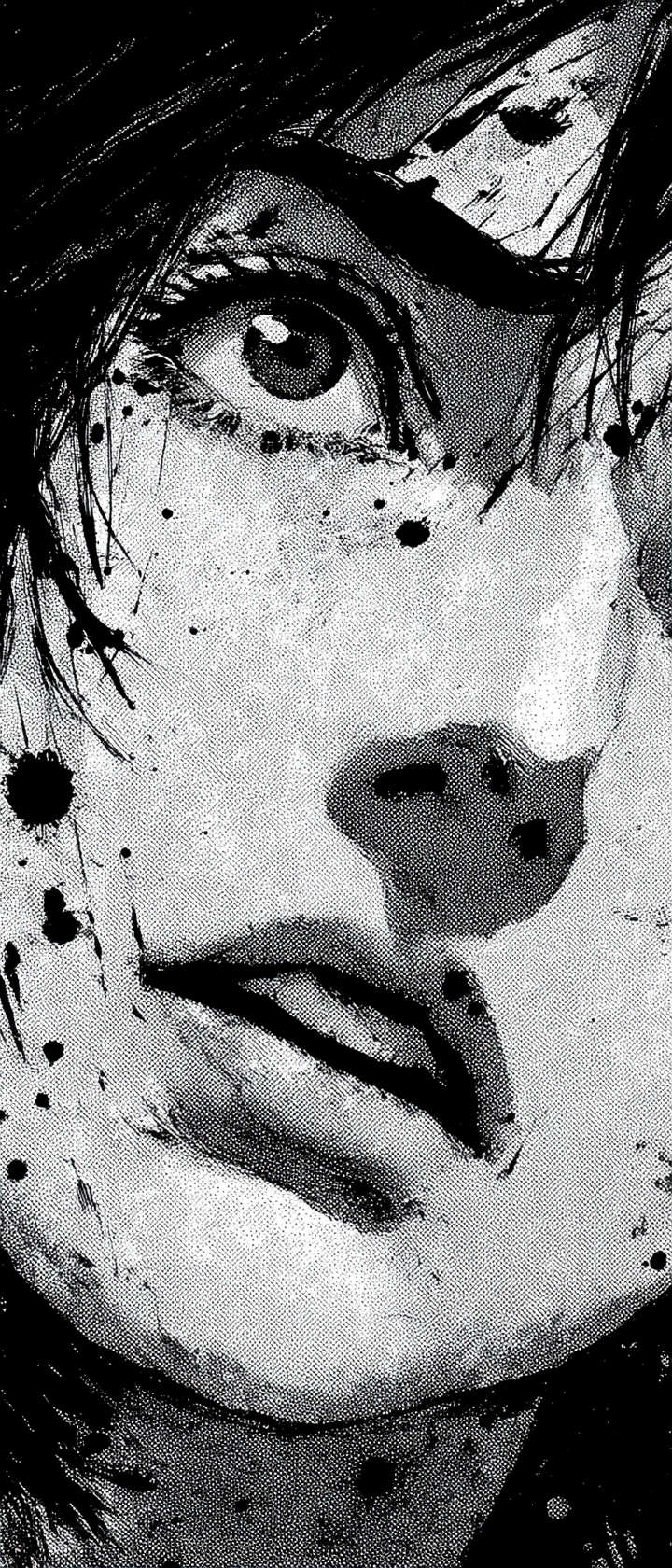 Anime girl close up dissolving into dark ink explosion