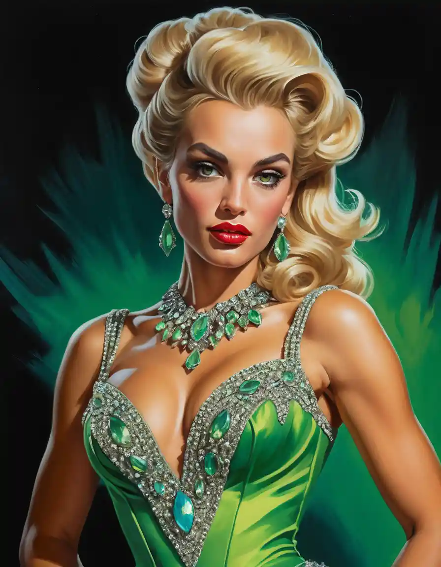 Fantasy pinup blonde woman in elaborate masquerade gown